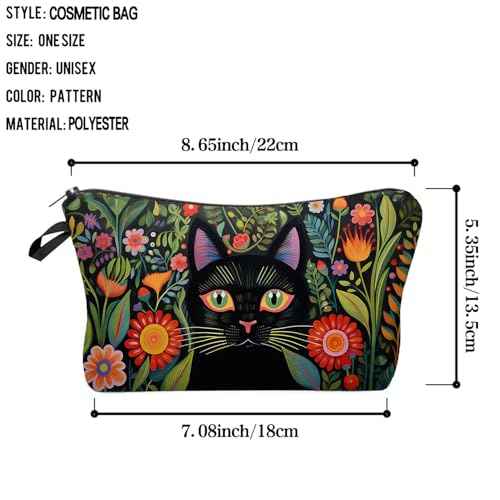 Black Cat Makeup Bag Mexican Folk Art Painting Small Organizer Zipper Pouch Floral Black Cat Kitten Print Cosmetic Bag Present for Women Friends