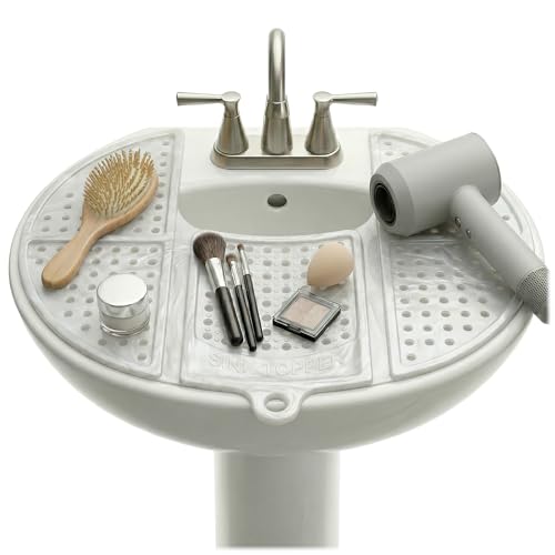 Sink Topper Bathroom Counter Cover & Storage Saver, Foldable Silicone Mat for Hot Tools, Hair Styling & Makeup, Beauty Brush Cleaning Mat, RV Camper Sink Cover & for Small Spaces (Standard Pearl)