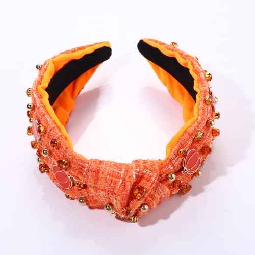 Thanksgiving Headband Fall Headband for Women Enamel Pumpkin Crystal Knotted Head Band Jeweled Tweed Top Knot Head Band Autumn Ooutfit Accessories (Pumpkin)