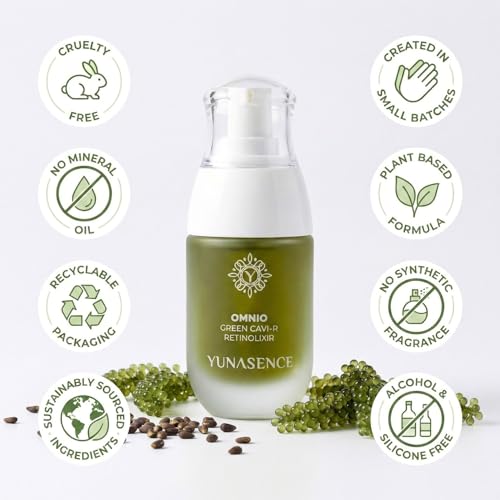 YUNASENCE OMNIO Green Cavi-R Retinolixir, w/3% Bakuchiol, Marula, Vitamin C, Chaga Mushroom. Anti Aging, Firming. Bio-Retinol.