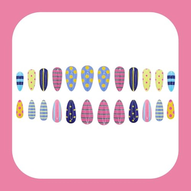 24Pc Almond Press On Nails with Polka Dots & Stripes