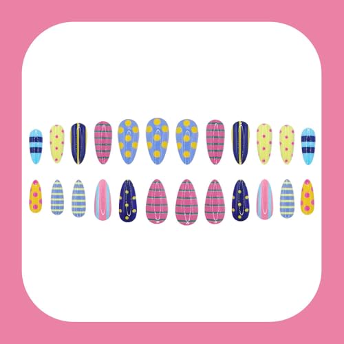 Rokhevn Style-26 Medium 24Pcs Press-On Almond Nails Polka Dots & Stripes Reusable Fake Nails