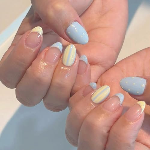 Short Almond Press On Nails - French Tip & Polka Dot Design, 30Pcs