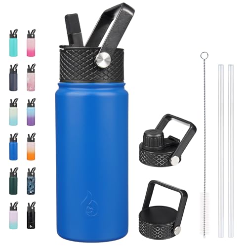 BJPKPK Insulated Water Bottles with Straw Lid, 18oz Stainless Steel Metal Water Bottle, Cold & Hot Water Bottle with 3 Lids, Leak Proof BPA Free Travel Cup, Wide Mouth Flasks, Thermos -Sapphire