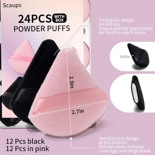 Black and Pink Triangle Makeup Powder Puffs Set - 24 Pcs with Storage Case