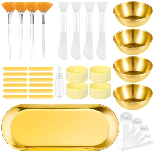 31 Pcs Esthetician Supplies for Facials,4 Gold Esthetician Bowls 4 Fan Brushes Esthetician Large Gold Serving Bowls 12 Compressed Facial Sponge 4 Spa Headbands 4 Flat Brushes for Women Face Cleansing