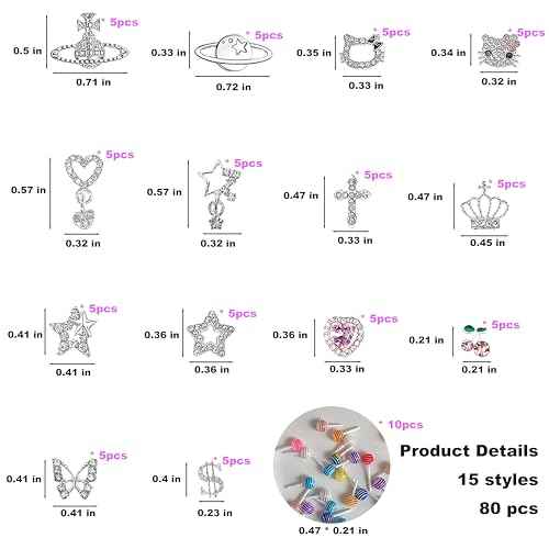 80Pcs Silver Nail Charms Set with Pink Hearts£¬Crosses, Stars,Butterflies, Dollars, Cherries, Crowns,Lollipop Y2k Nail Gems for Women Girls Nail Decorations DIY Craft