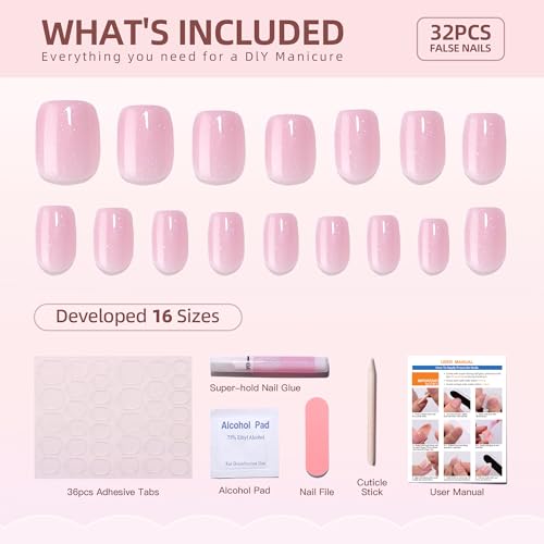 WAFOLOZE Press On Nails Short - Short Square Press On Nails, Pink Short Fake Nails with Nail Glue, Artificial Nails 16 Sizes - 32Pcs Reusable Soft Gel False Nails Tips Kit, Stick On Nails for Women