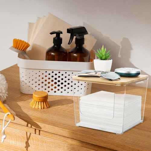Rainmae Disposable Face Towel Holder, Acrylic Facial Towels Storage Box for XL Clean Skin Club, Upgrade Large Tissue Holder with Bamboo Lid Towel Organizer Container for Bathroom Vanity Countertop