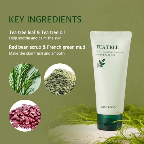 Papa Recipe Tea Tree Control Mud Cream Mask ? Bentonite & Kaolin Clay Face Mask, Deep Pore Purifying & Soothing Care, Gentle Exfoliating Korean Mud Mask for Sensitive & Acne-Prone Skin