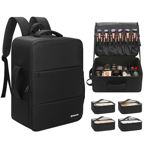 Relavel Extra Large Makeup Backpack with 4 Clear Bags & Brush Storage