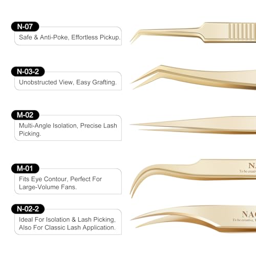 NAGARAKU 5 PCS Tweezers for Eyelash Extensions Straight and Curved Precision Professional Tweezer for Lash Extensions Volume Easy Fanning lash Precise Point with Storage Case Bag