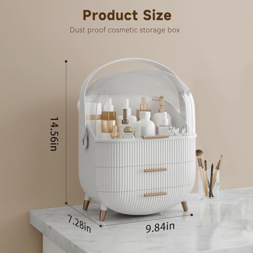 Makeup Organizers, Make Up Organizer for Vanity, Countertop Cosmetic Storage with Drawers and Transparent Cover for Bedroom Bathroom, White