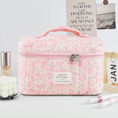 Makeup Bag, Floral Quilted Cosmetic Bag, Large Travel Aesthetic Make up Bag, Cute Coquette Toiletry Bag for Women Girls
