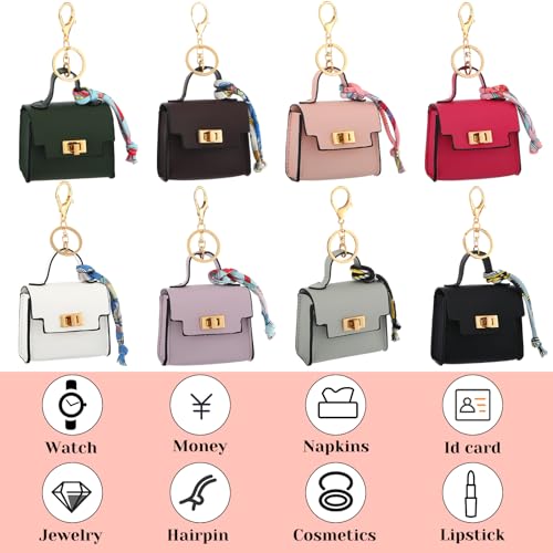 8 Pcs Mini Purses Keychains Backpack Coin Purse for Women Cute PU Leather Makeup Bag with Keychain, Multi Pocket Card Holder Cable Organizer Giftable Zipper Pouch(Classics)