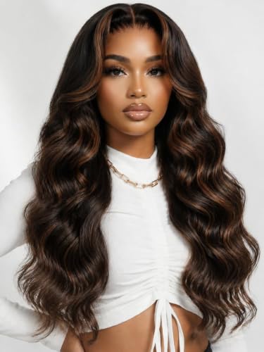 KLAIYI Loose Body Wave Lace Front Wig with Drawstring, 7x5 No Slip, Golden Brown Highlights, 16 Inch, Pre-Plucked, Bleached Knots, Ready to Wear