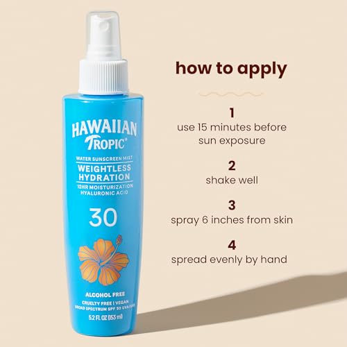 Hawaiian Tropic Weightless Hydration Water Mist for Body SPF 30, 5.2 oz. | Hawaiian Tropic Body Spray Sunscreen Mist, SPF Spray, Non-Aerosol Sunscreen Spray, Water Based Sunscreen, 5.2 oz