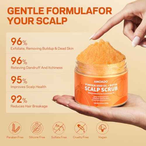Scalp Scrub, Pumpkin Seed Oil Scalp Exfoliator With Biotin & Rosemary, Sulfate Free Scalp Detox for Itchy Scalp & Dandruff & Buildup Removal & Hair Growth, Hair Scrub with Scrubber
