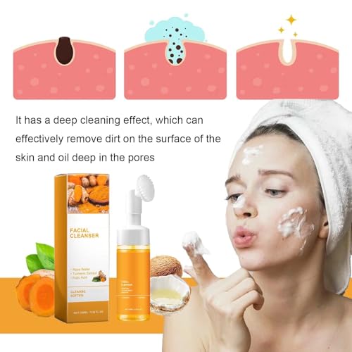 2 Pcs Turmeric Foaming Face Wash With Brush, Deep Cleansing Exfoliating Glow Wash Turmeric Facial Cleanser for Women All Skin.