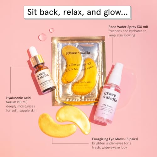 Grace & Stella Skincare Gift Set - Gold Eye Masks, HA Serum & Rose Spray