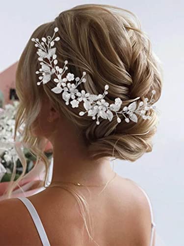 Yean Pearl Wedding headband Silver Flower Bridal Hair Accessories Leaf Hair Piece for Women and Girls