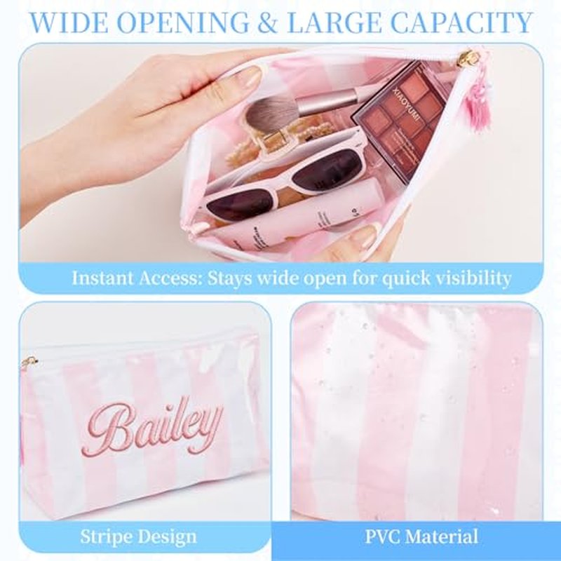 Personalized Striped Waterproof Makeup Bag with Custom Name