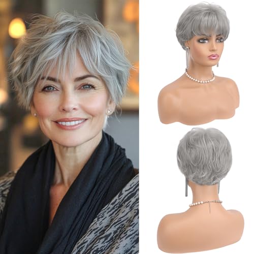 Haloo Grey Pixie Wig - Short Layered Synthetic Hair for Women