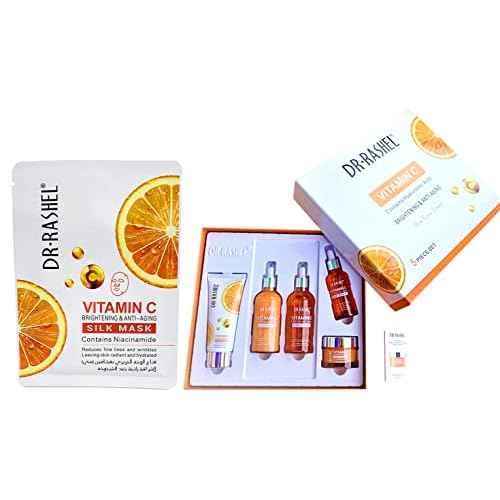 Dr Rashel Vitamin C Skin Care Series , Contains Hyaluronic Acid, Anti Aging and Collagen Essence ( Pack Of 5 Piece Set ) + 1 Pcs of Vitamin C Silk Mask