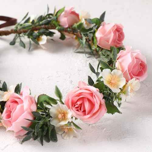 Pink Flower Crown Headband - Rose Floral Headpiece Adjustable Fairy Flower Crown for Women Girls Renaissance Birthday Wedding Party Photo Props