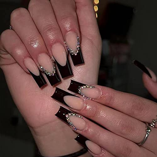 LPOODDNU Black French Tip Square False Nails, 24 Pcs Reusable Nails with 3D Rhinestone Design, Glossy Glue on Nails for Women Girls