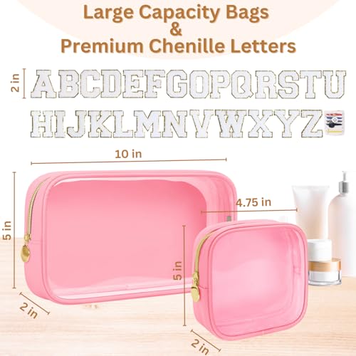 2PCS Personalized Makeup Preppy Bag Set, 2PCS Toiletry Bag & 26 Chenille Letters, Clear Makeup Pouch, Birthday Gifts for Girls (Pink)