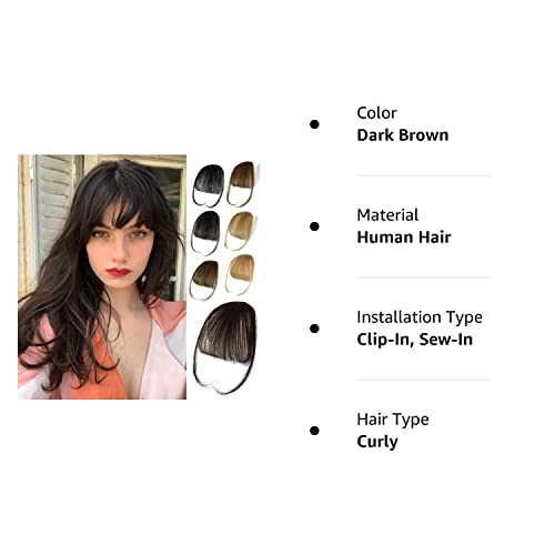 NAYOO Clip In Bangs - Dark Brown Fake Bangs 100% Real Human Hair Extensions Wispy Clip on Air Bangs for Women Fringe with Temples Hairpieces Curved Bangs for Daily Wear