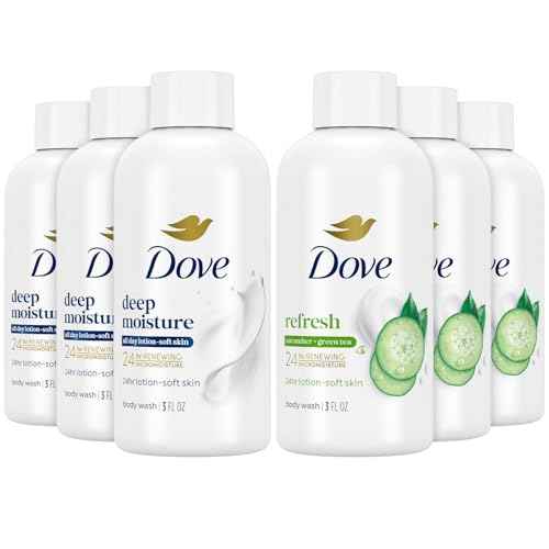 Dove Body Wash Travel Size Variety 6-Pack ? Refresh Cucumber & Green Tea + Deep Moisture, 24H Renewing Moisture for Soft Skin, 3 Oz Ea