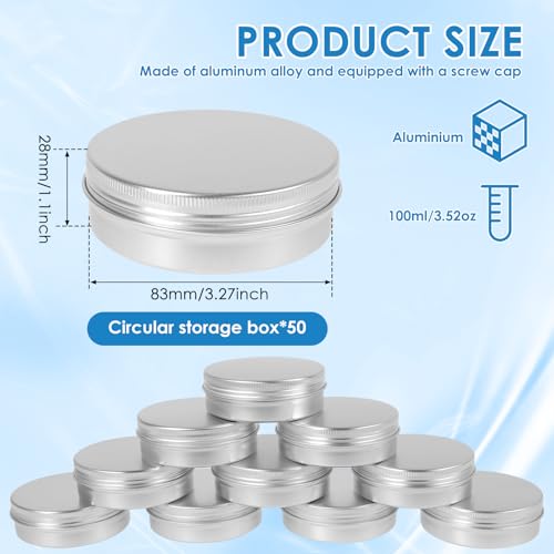 50 Pcs Aluminum Tins with Screw Lid, 3.38 OZ Metal Tins Candle Containers Round Tin Containers for Salve Candle Cosmetic Spices Jewelry Beads, Silver