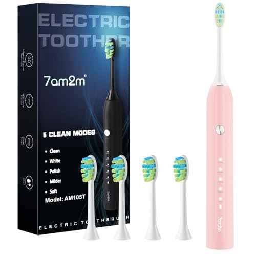 7AM2M Ultrasonic Electric Toothbrush for Adults and Kids, 40000 VPM High-Powered with 4 Brush Heads & 5 Modes, One Charge for 90 Days, 2 Minutes Built-in Smart Timer, Rechargeable Toothbrushes, Pink