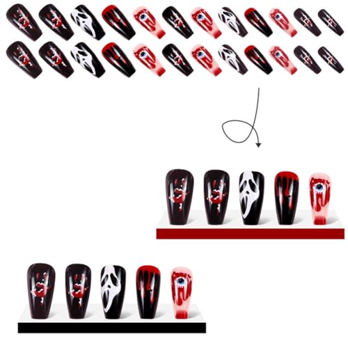 Halloween Press on Nails Coffin Medium Length Fake Nails Black False Nails with Designs Evil Eye Blood Drop Glue on Nails Scary Ghost Stick on Nails Full Cover Square Artificial Nails for Women 24pcs