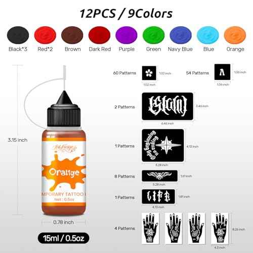 12 Bottles Temporary Tattoo Ink Kit with 130 Tattoo Stencils Designs, 9 Colors (3 Black,2 Red,1 Dark Red,Brown,Blue,Navy Blue,Purple,Green,Orange),Body Art DIY Gifts Set Fun for Kids Adults