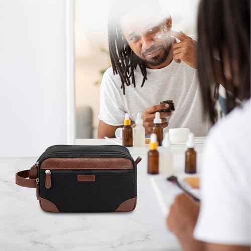 Travel Toiletry Bag for Men - Canvas Toiletries Bag with Multiple Pockets Large Hanging Travel Kit Bag for Toiletries Essentials Accessories - Black
