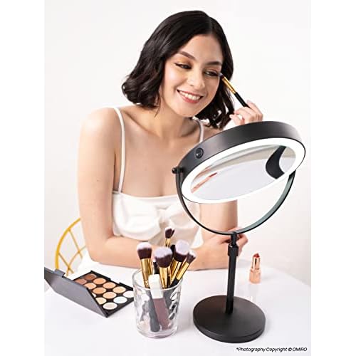 OMIRO 3X/10X Magnifying Makeup Mirror with Lights, 8.5 Inches Double Sided Swivel-Free Vanity Mirror with Height-Adjustable Stand. (Black)