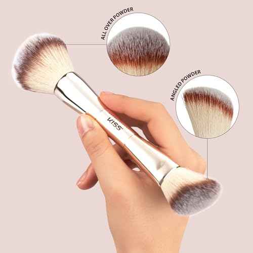 KISS NEW YORK Professional Dual Ended Powder Brush, All Over Face Application, Easy Sculped Look with Angled Powder Brush for Blush, Setting Powder, Contour