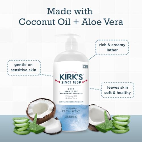 Kirk's 3-in-1 Head to Toe Nourishing Cleanser & Travel Size Bar Soap - for Men, Women & Children, Made with Premium Coconut Oil and Aloe Vera, Non-GMO & Vegan, Original Fresh Scent, 32 Fl Oz.