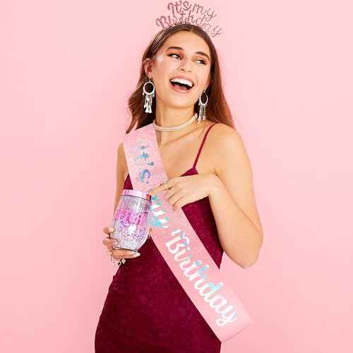 AOPRIE Silver Pink Rhinestone Birthday Tiara & Crowns for Women & Girls, 2 Pack