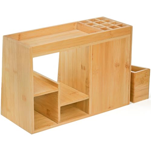 Elsjoy Large Countertop Bamboo Makeup Organizer with 3 Drawers, 12-Grid Lipstick Holder, Jewelry Hanging Hooks, Makeup Brush Holder, Desktop Wood Cosmetic Organizer Stand for Vanity