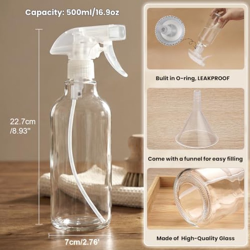 16.9oz Glass Spray Bottles 2 Pack | 360° Any-Angle Spray