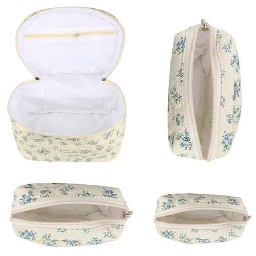 VIWIME Makeup Cosmetic Bag, Large Cotton Quilted Travel Coquette Aesthetic Cute Floral Make up Bag for Women Toiletry Bag Organizer (203- Blue Rose / 4Pcs)