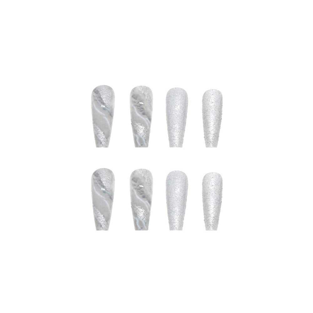 Sparkly Shiny Long Coffin Press On False Nails Medium Length Full Cover Acrylic Fake Nails Ballerina Nails for Women Lady Fashion Nails for Nail Salons and Home DIY Nail Art 24PCS (BKS1631 Gray)