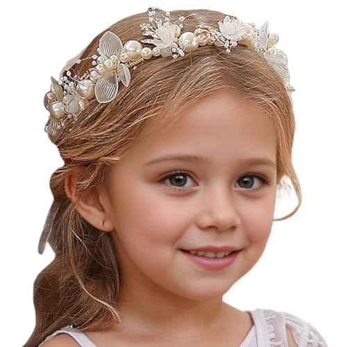 2 Pcs Flower Girl Headpiece - Hair Accessories for Wedding Flower Girl Headband Flower Crown Floral Girls Tiara Rhinestone Pearl Headband Baby Toddler First Communion Prom (Blue, 13 inches)