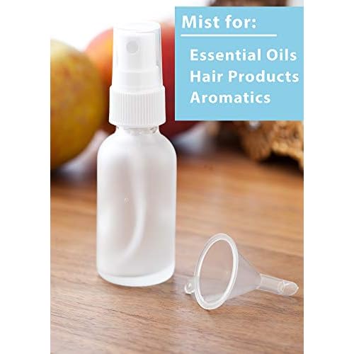 JUVITUS (24 pack) 1 oz Clear Frosted Glass Boston Round Bottle with White Fine Mist Spray + Funnel