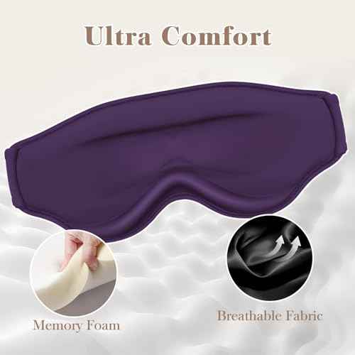 3D Eye Mask Sleep Mask for Men & Women, 100% Pressure-Free & Light Block-Out Eye Mask for Sleep with Easy Adjustable Strap, Night Eye Cover for Travel, Purple