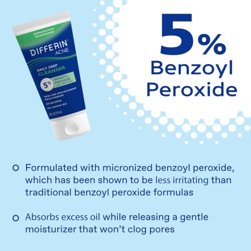 Differin Acne Face Wash with 5% Benzoyl Peroxide - 4oz Daily Cleanser (Pack of 1)